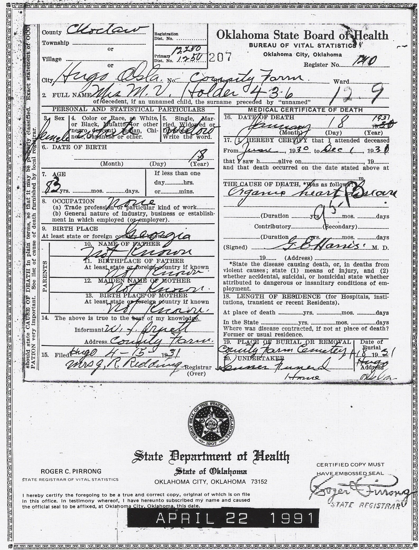 Oklahoma Death Certificates TUTORE ORG Master of Documents