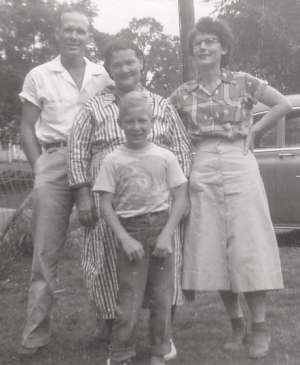 Roy Hall & Mother, Martha Hall, wife Beatrice & son Charles Hall 1956