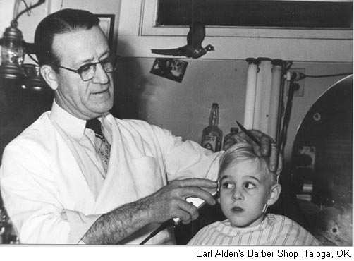 Earl Alden with customer, Barber Shop, Taloga 