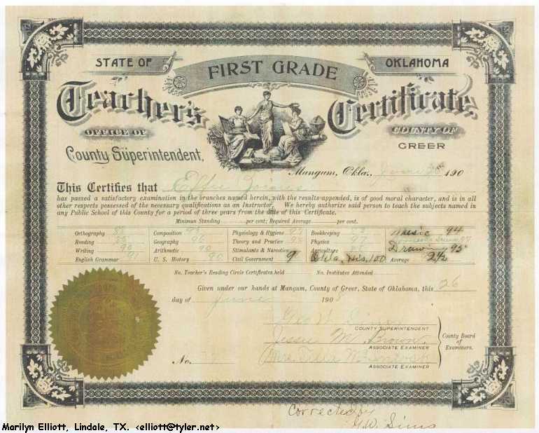 1908 Oklahoma  Teacher Certificate