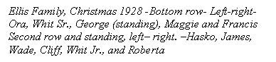 Text Box: Ellis Family, Christmas 1928 -Bottom row- Left-right- Ora, Whit Sr., George (standing), Maggie and Francis
Second row and standing, left– right. –Hasko, James, Wade, Cliff, Whit Jr., and Roberta               
